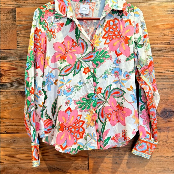 Misa Los Angeles Floral Button Down Shirt - Pink, Green, Red - Picture 4 of 11